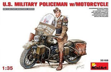 Сборная модель 1:35 американского военного полицейского на мотоцикле Harley-Davidson WLA MiniArt, мотоциклы MA35168 фото
